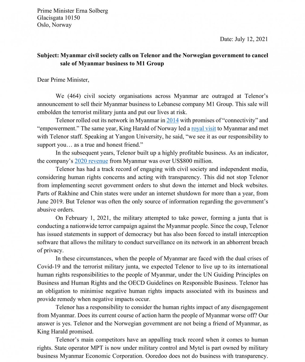 Yozzo's tweet photo. #Myanmar Civil Society’s “Open letter” to #Telenor and the Norwegian PM @erna_solberg to cancel the sale of its Myanmar business to #M1Group https://t.co/dpc859sEWY