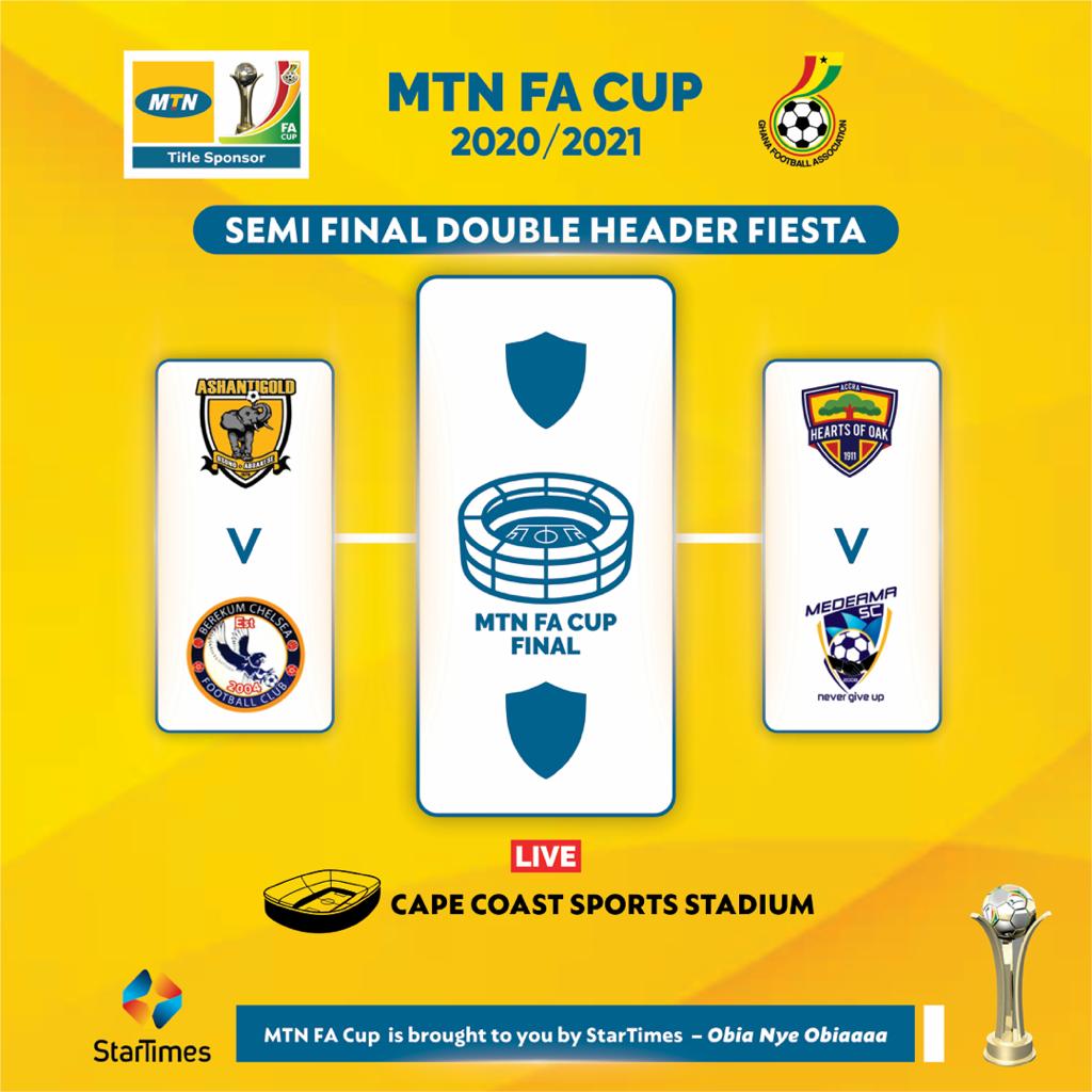 MTNFACupGH's tweet photo. #MTNFACup2021 SEMI FINALS:

1. Ashanti Gold v Berekum Chelsea (3pm)

2. Hearts of Oak v Medeama SC (6pm)

🏟️ Cape Coast Stadium
📅 1st August https://t.co/BQHldqd5vA