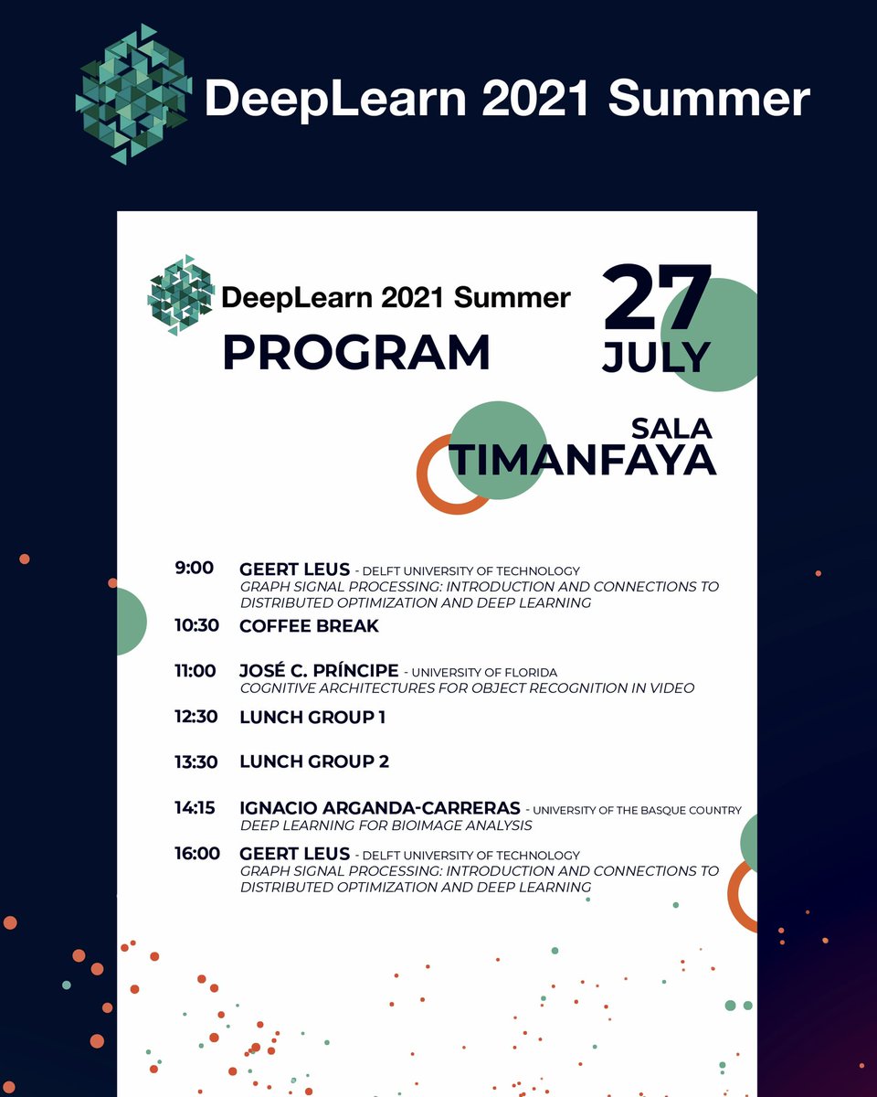 infecar's tweet photo. Comienza la segunda jornada del DeepLearn 2021 Summer con una sesión abierta en la que los participantes presentan los trabajos que están desarrollando. ¡Conoce el programa de hoy! 👇 #DeepLearn2021 https://t.co/w4Rv1DPQh9