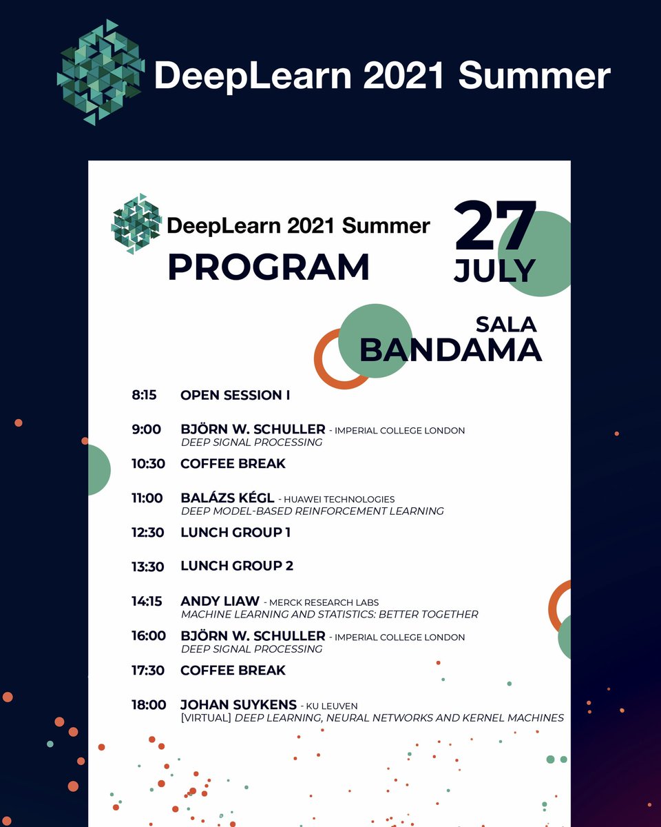 infecar's tweet photo. Comienza la segunda jornada del DeepLearn 2021 Summer con una sesión abierta en la que los participantes presentan los trabajos que están desarrollando. ¡Conoce el programa de hoy! 👇 #DeepLearn2021 https://t.co/w4Rv1DPQh9