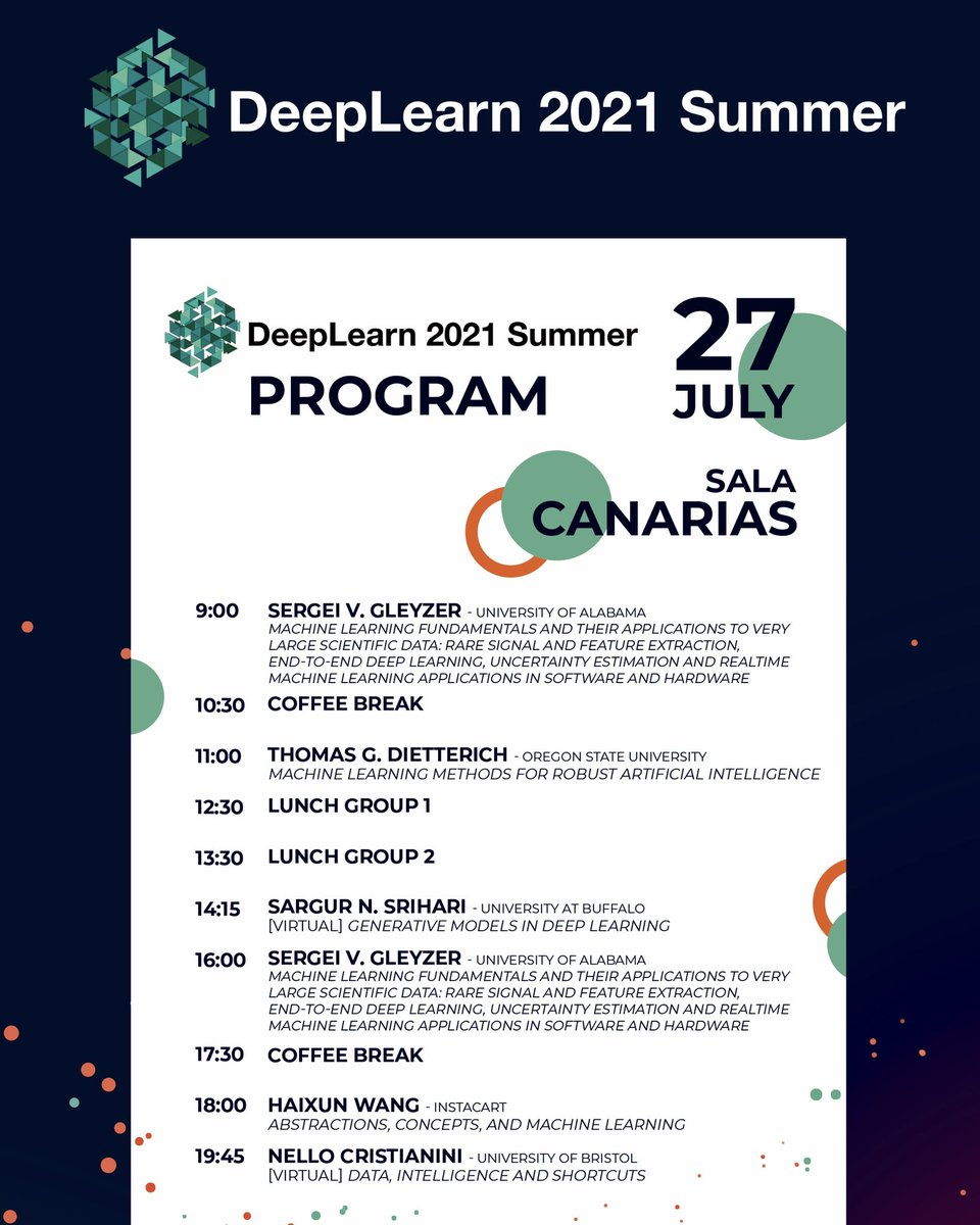 infecar's tweet photo. Comienza la segunda jornada del DeepLearn 2021 Summer con una sesión abierta en la que los participantes presentan los trabajos que están desarrollando. ¡Conoce el programa de hoy! 👇 #DeepLearn2021 https://t.co/w4Rv1DPQh9