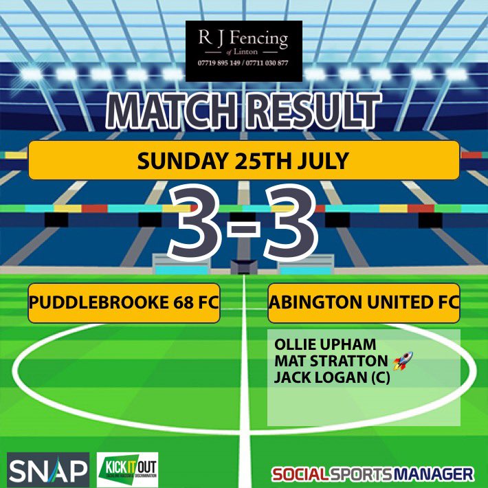 SUNDAYS RESULT! (Pre-season)
@Puddlebrooke68 3-3 Abington United FC. A great first game for the lads. We showed great strength and determination against a good physical side! 
Our goals:
<a href="/OllieUpham_/">Ollie Upham</a> ⚽️
<a href="/5tratts/">Matt</a> ⚽️🚀
<a href="/Jackuslogan/">Jack Logan</a> (C) ⚽️