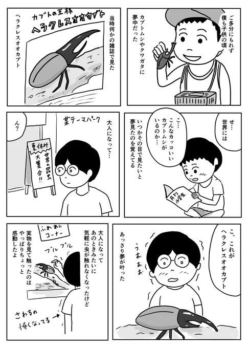大人になって虫を触るのが怖いのは、掴む時の力加減が分からなくて怖いっていうのが僕はあります。

ところで今やヘラクレスオオカブトってネットで買える時代なんですね…

#1Pマンガ 