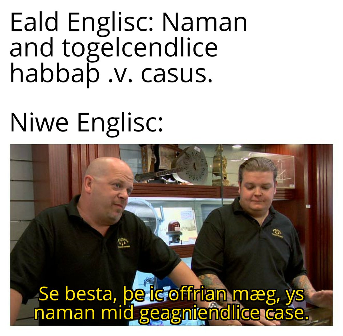 EaldEnglisc's tweet photo. Old English: Nouns and adjectives have 5 cases.
Modern English:
The best that I can offer is nouns with a genitive case.
#oldenglish #ealdenglisc #Englisc #ModernEnglish #English #genitiveisalligot #genitive https://t.co/BkLrTnAeE9