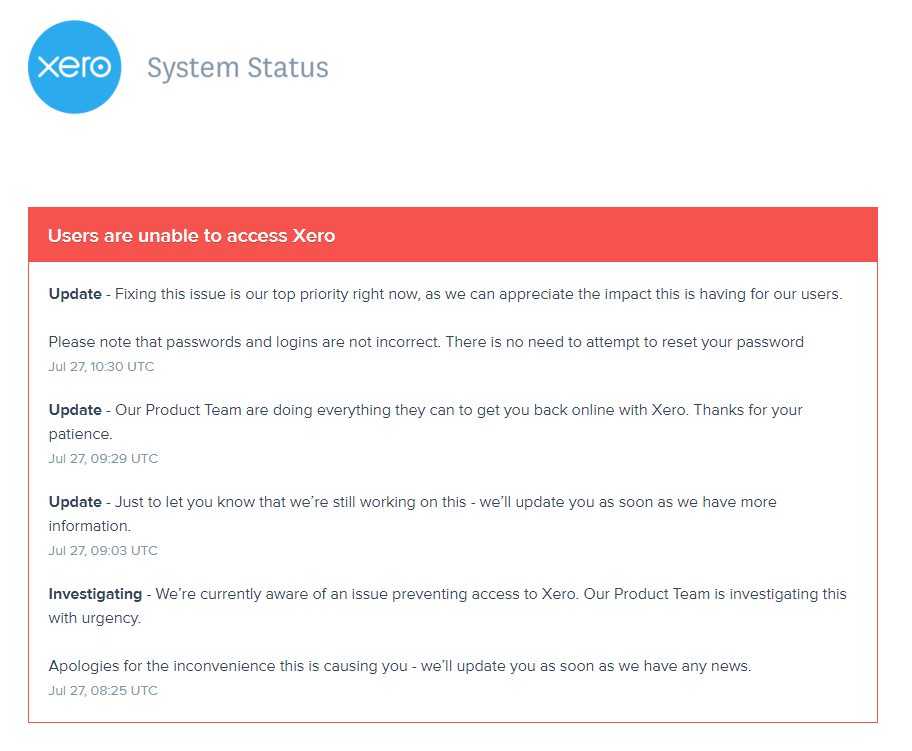 Xero is currently experiencing an outage for some users.

If you're affected, don't worry - it'll be back up soon enough!

View Xero's System Status - status.xero.com