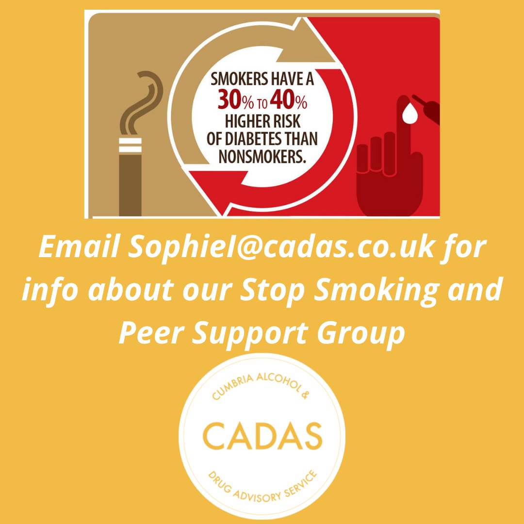 People who smoke are between 30 and 40% more likely to develop diabetes.
We have joined up with Cumbria County Council to provide an online Stop Smoking and Peer Support Group.
This group runs every Tuesday between 10am and 11am.
For more info, please email SophieI@cadas.co.uk