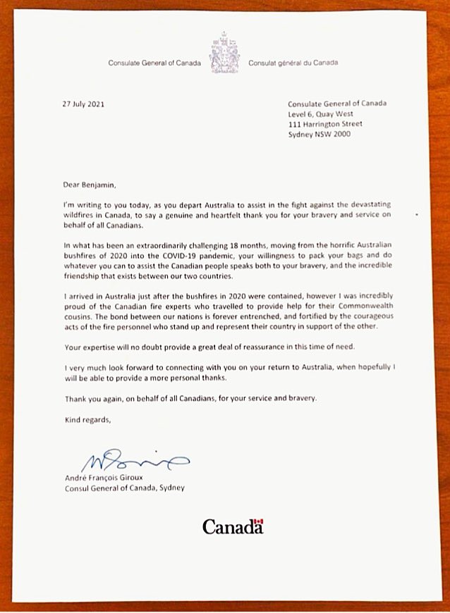 Ce soir, 56 pompiers de Nouvelle-Galles du Sud et d’Australie-Occidentale s’envolent pour le Canada afin d’aider dans la lutte contre les feux de friches. Nous les remercions pour leur courage incroyable et leur service qui renforcent le lien entre nos deux nations.