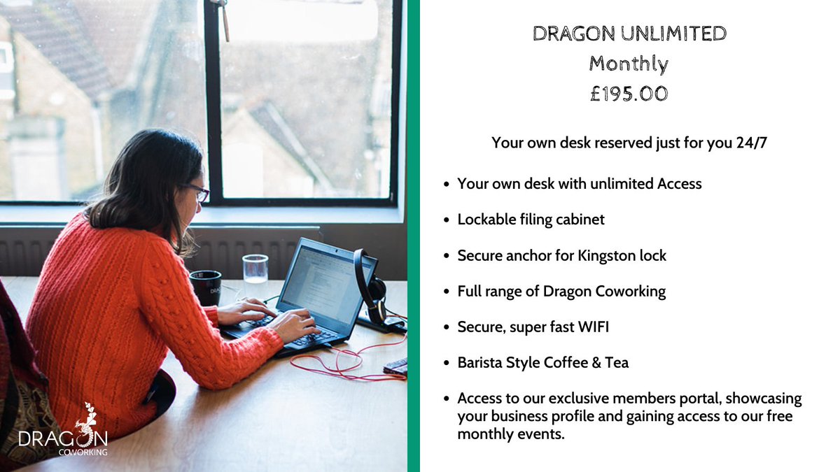 🌿 👨‍💻 Our Dragon Unlimited Membership.

Your own desk reserved for you 24/7.

With unlimited access to Dragon, you get your own desk along with a locker for all your personal belongings.

Take a look at the rest of our packages to see what would suit you:
dragoncoworking.co.uk/workspaces/?ut…