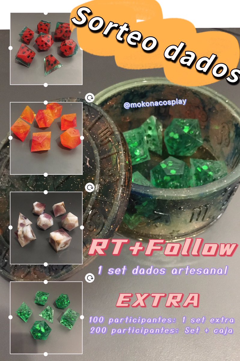 MokonaStyle's tweet photo. SORTEO DE DADOS ARTESANALES

Para participar 
- RT
- SÍGUEME

Sorteo extra si llegamos a estos objetivos:
- 100 participantes: 1 set extra
- 200 participantes: Set + caja artesanal

El sorteo acaba el 18 de agosto

Fotos de los sets y caja en el hilo https://t.co/UZnGblabaV