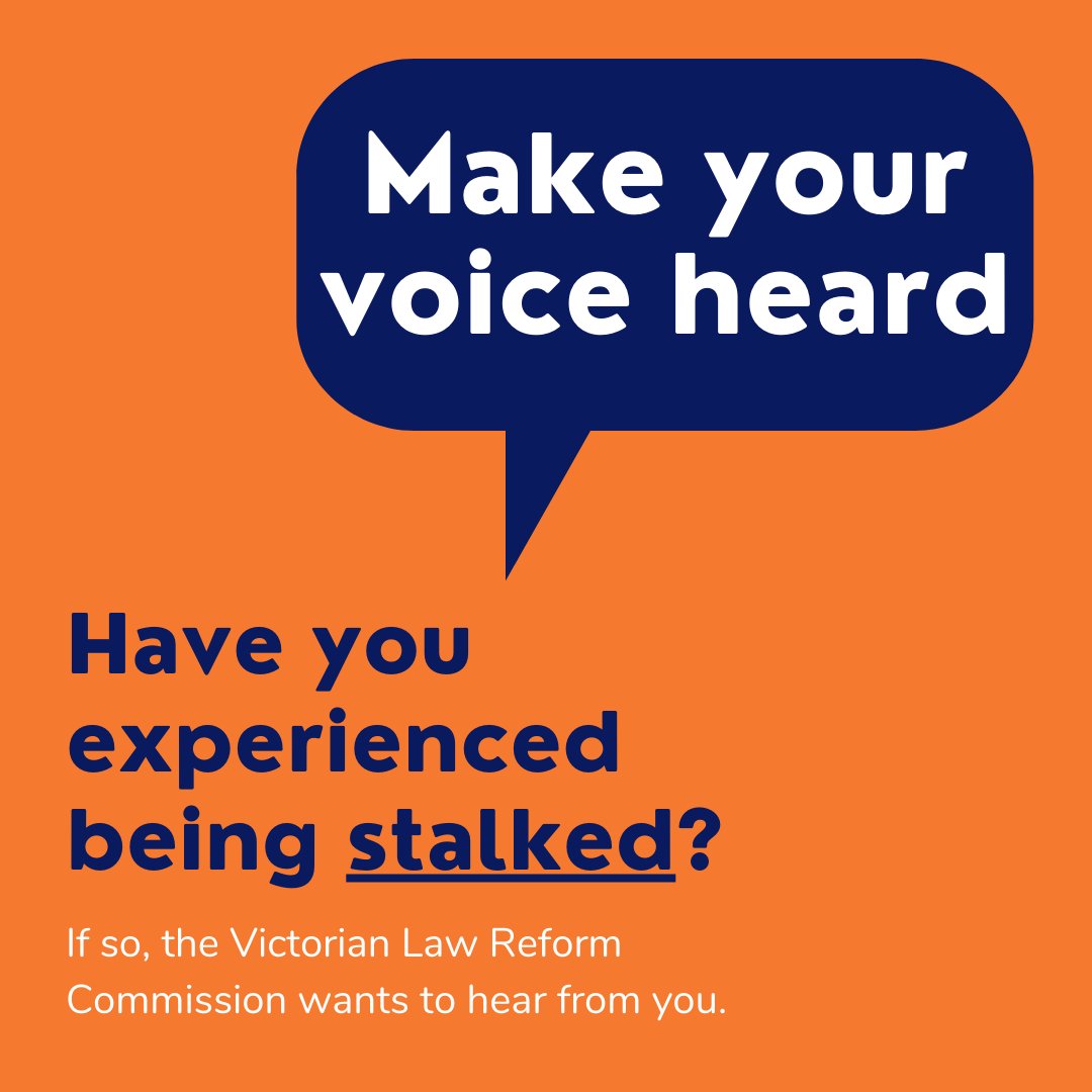 meldmagazine's tweet photo. Have you experienced being stalked?

The Victorian Law Reform Commission wants to hear from you.

Please consider filling out a confidential online survey at: https://t.co/qlodL1fRpX

More details at: https://t.co/p9MxE615Tz

#stalking #lawreform https://t.co/MhWtFZA7Vz