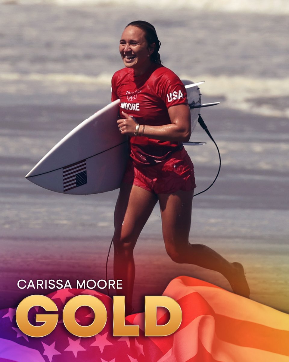 NBCOlympics's tweet photo. CARISSA MOORE WINS GOLD 🥇 

She brings home the first-EVER Olympic gold medal in women's surfing. #TokyoOlympics #OlympicHERstory https://t.co/ySWdgAUy0C