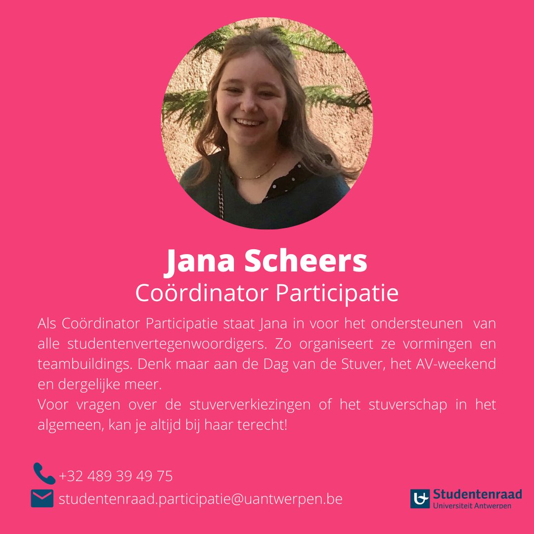 StuRaUA's tweet photo. Meet the team: dit is het bureau van de Studentenraad van @UAntwerpen voor 2021-2022 (2/2)

✏️Voorzitter: Marloes Tholhuijsen

✏️Ondervoorzitter/participatie: Jana Scheers

✏️Sociale Zaken: Julien De Wit

✏️Onderwijs: Arne Cobben https://t.co/VkrZizJ8jA