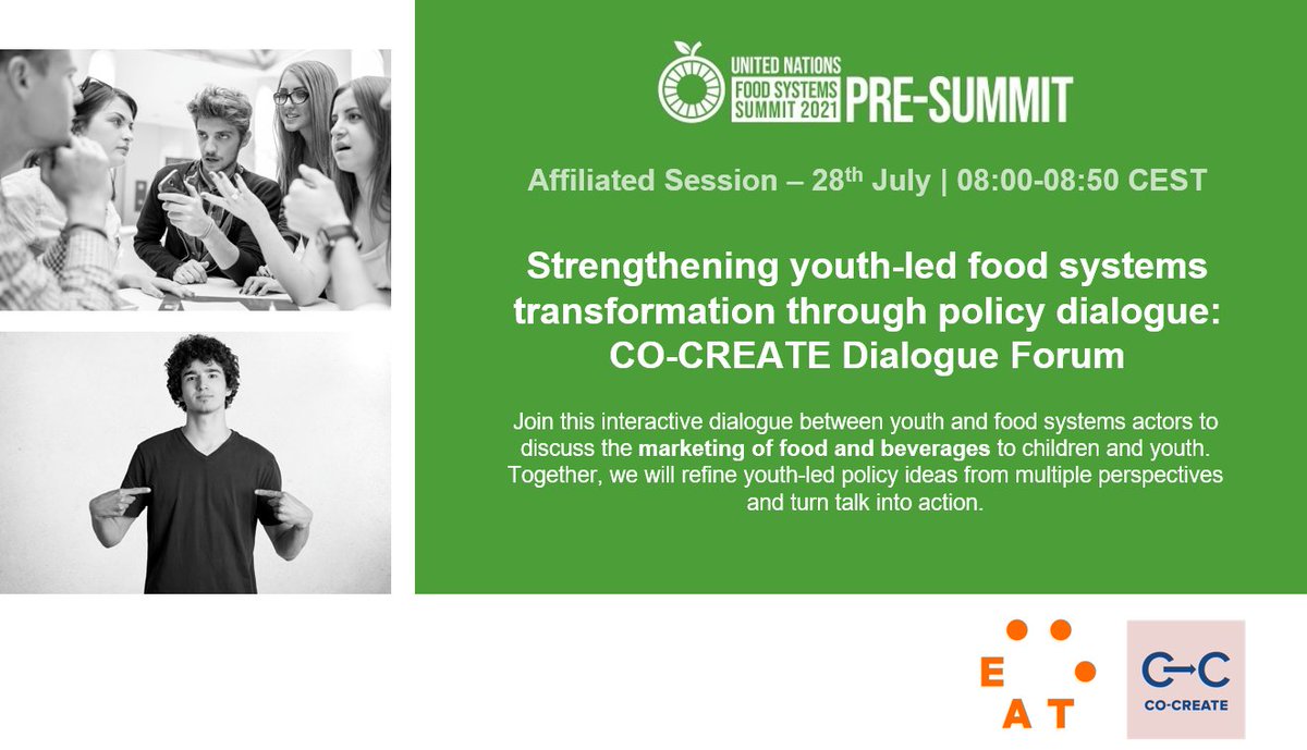 Claudia Selin Batz (@claudia_selin) on Twitter photo 📢TOMORROW!
Join the <a href="/EU_COCREATE/">CO-CREATE - EU Adolescent Obesity Project</a> ‘Strengthening youth-led food systems transformation through policy dialogue’ affiliated session of the #UNFSS2021 Pre-Summit!
🗓 July 28th
🕗 08:00 am CEST
🔗 eventbrite.com/e/strengthenin… 📢TOMORROW!
Join the <a href="/EU_COCREATE/">CO-CREATE - EU Adolescent Obesity Project</a> ‘Strengthening youth-led food systems transformation through policy dialogue’ affiliated session of the #UNFSS2021 Pre-Summit!
🗓 July 28th
🕗 08:00 am CEST
🔗 eventbrite.com/e/strengthenin…