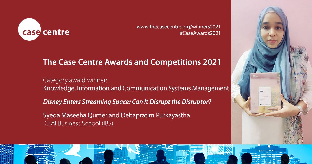 We're honoured to see <a href="/IBSIndia1/">IBS India</a> and <a href="/caseresearch/">IBS Case Research Center</a>'s Syeda Maseeha Qumer receive her #CaseAwards2021 trophy on behalf of herself and the late, great Debapratim Purkayastha.

The case on <a href="/disneyplus/">Disney+</a> won the Knowledge, Information and Communication Systems Management category.

🏆