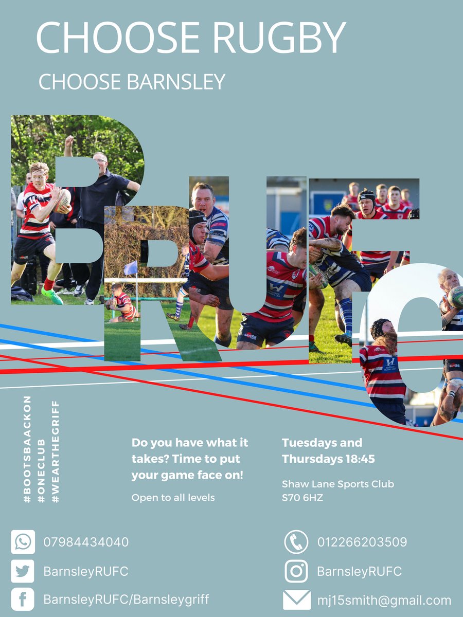 BarnsleyRUFC's tweet photo. There HAS NEVER BEEN a better time to join a rugby club! Or get back into it! 

If you want to know more either:

TURN UP ON TUESDAY / THURSDAY AT 18:45pm ⏰

Or

Message us now!!

#rugby #restart #RUGBYUNION #RFU #BRUFC #wearthegriff #oneclub #upthegriff #smiggiespiggies https://t.co/O4gAIieX90