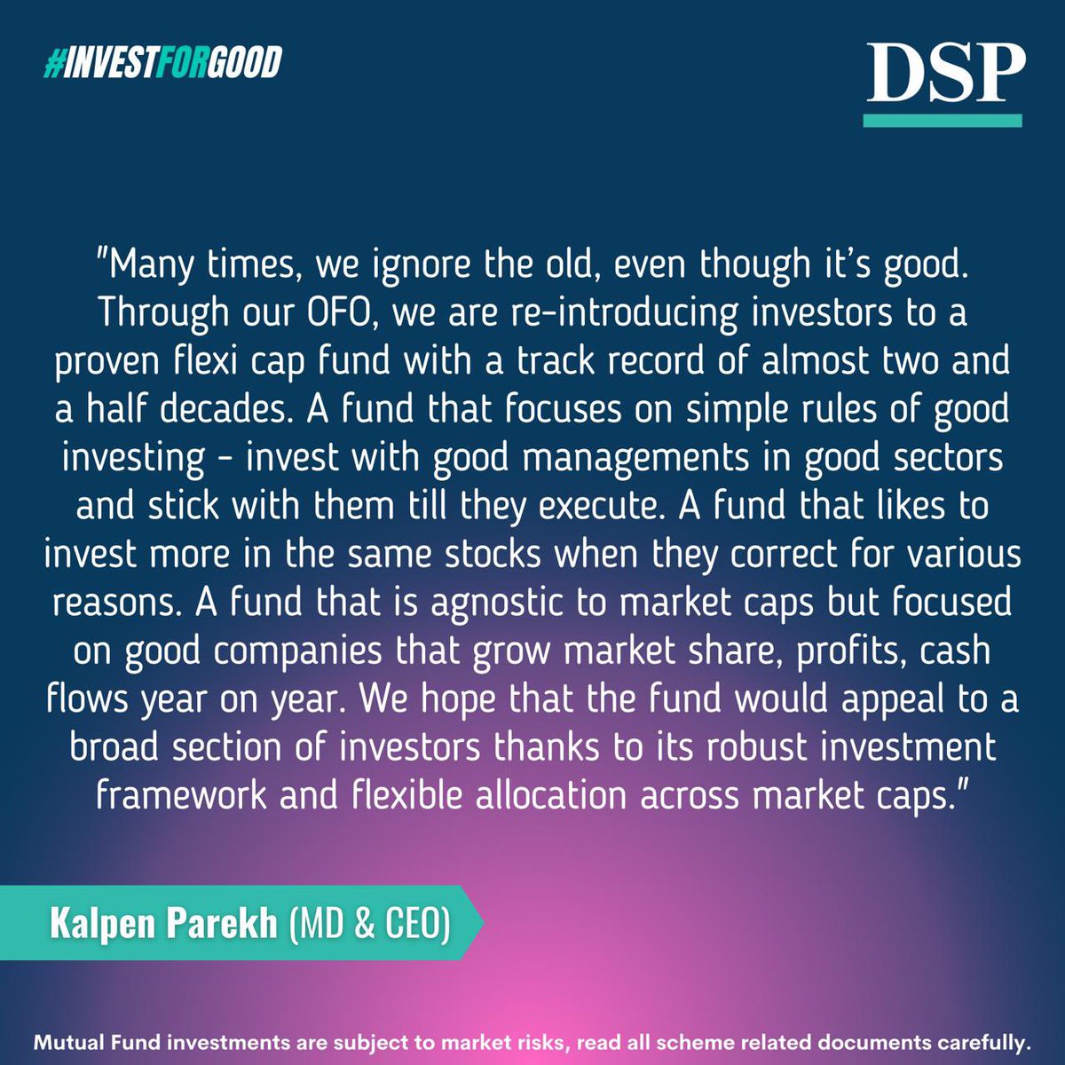 KalpenParekh's tweet photo. The Oldest / First fund launched by DSP

My first investment in DSP

The OFO is of DSP Flexi Cap Fund 

Disclaimers &amp; to invest : https://t.co/2cykLmqvvH https://t.co/wh6rrR89Iv