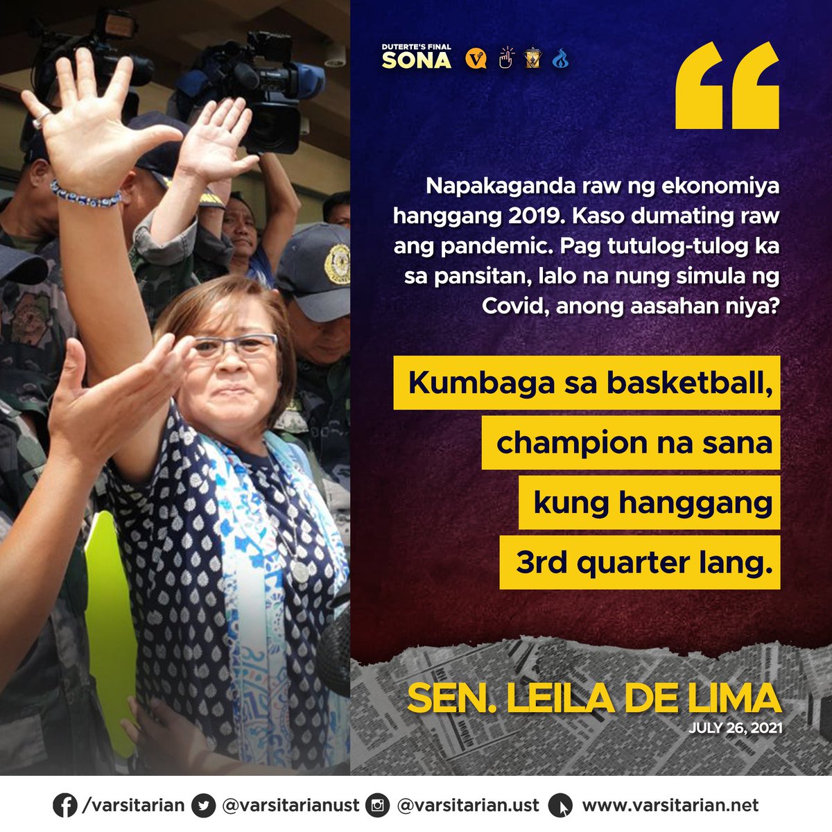 PintigPH's tweet photo. Duterte said in his final SONA that the country had one of the world’s fastest-growing economies until
the pandemic stalled everything.

Sen. Leila de Lima said the government could have prevented the economic downturn had it responded to the pandemic better. #SONA2021 #PintigPH https://t.co/WrllYUn3F7