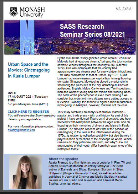 agatafrymus's tweet photo. If you are interested in #filmhistory, I'll be giving a talk on my current research - #cinemagoing in Kuala Lumpur, Malaysia, in the 1970s - on 17th August, 10am UK time = 5pm Malaysian time @MonashMalaysia @bertha_c @baftss @HoMER_Network 

REGISTRATION: https://t.co/Rx2JJWCgxn https://t.co/F5hLORQPH7