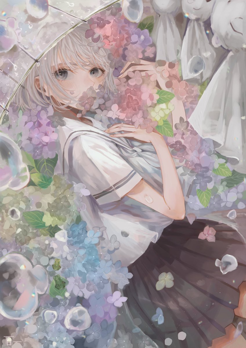 1girl solo skirt school uniform flower short hair looking at viewer  illustration images