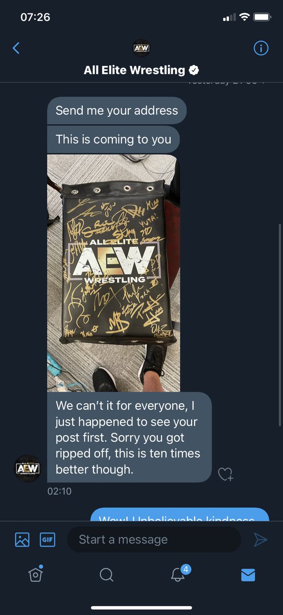 GGonwrestling's tweet photo. So after the crazy shit that happened with @cartagenaalexsi scamming me the wonderful people @AEW offered to send me something to make things right. Unfortunately it did get smudged along the way but it’s finally here 😁😁😁😁 https://t.co/duNWocNc8b