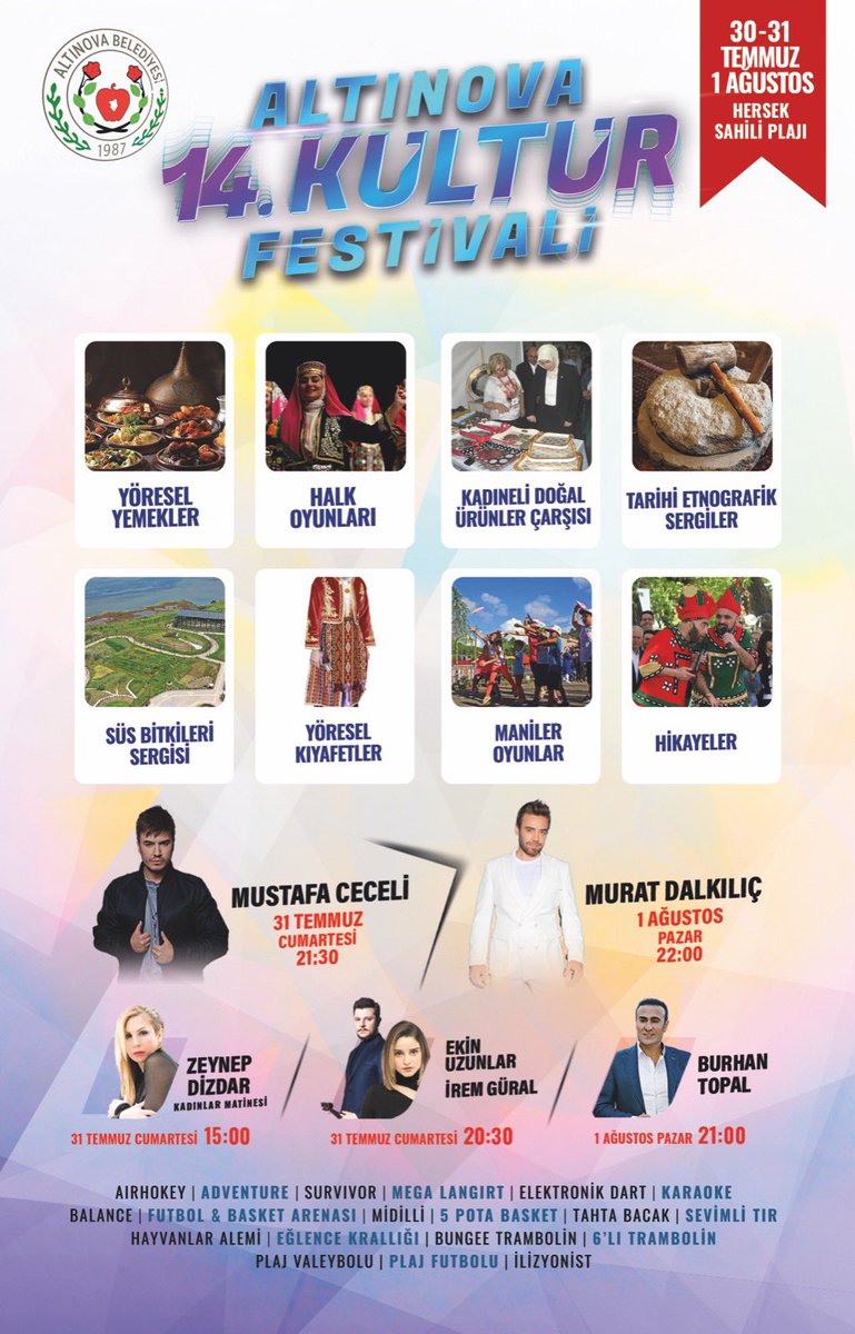 Türkiye'nin tüm zenginlikleri ve güzellikleri bu festivalde🎶🎤

Mustafa Ceceli, Murat Dalkılıç, Zeynep Dizdar, Ekin Uzunlar, İrem Güral ve Burhan Topal...

🗓️ 30-31 Temmuz - 1 Ağustos tarihlerinde 
📍Altınova Hersek Sahil Plaji'nda

#AltınovaKültürFestivali #Yalova #Altınova