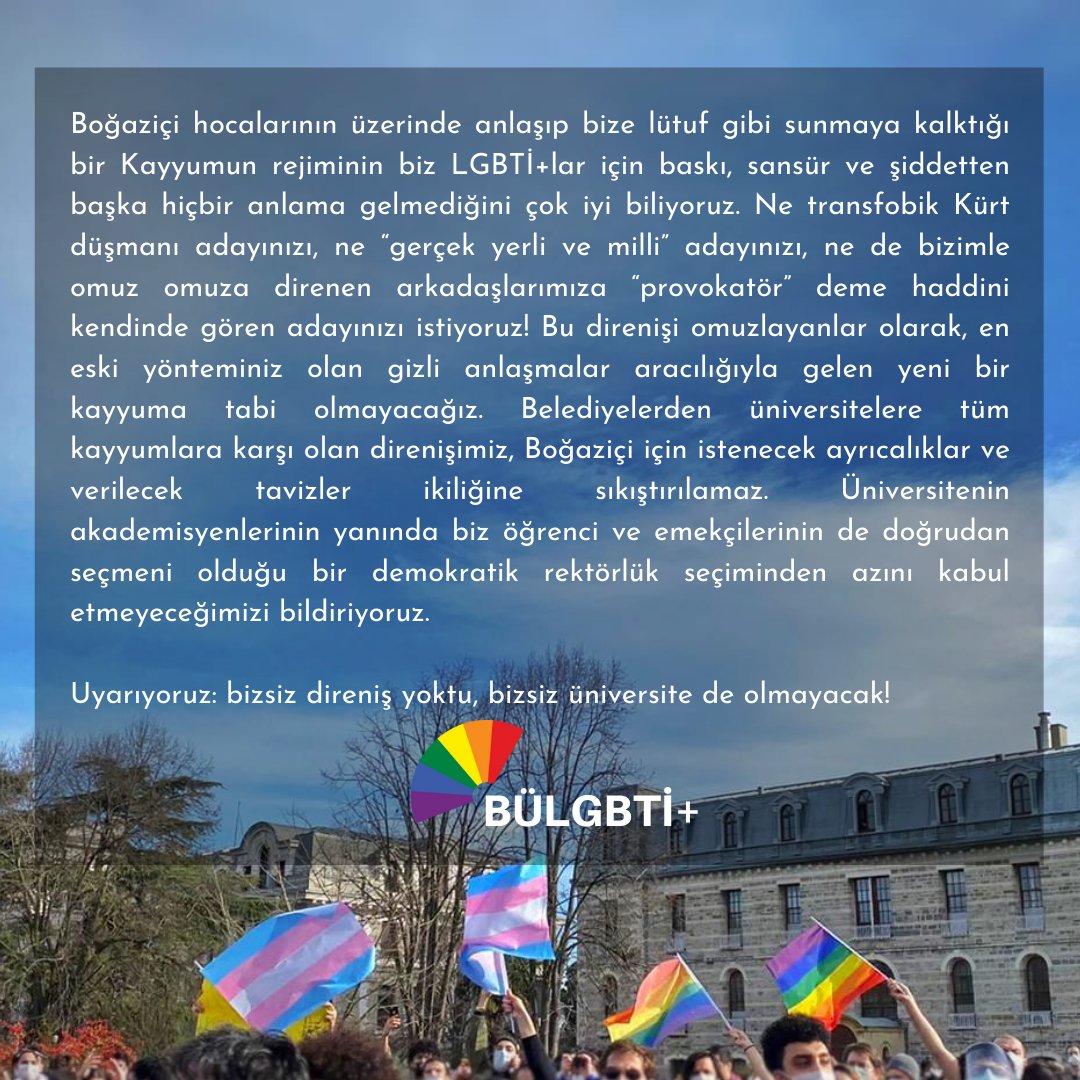 MADİLİKSE MADİLİK:

Boğaziçi Üniversitesi akademisyenleri tarafından hçbir şekilde şeffaflık ilkesi güdülmeden ve gece yarısı metinleriyle dikte edilerek yürütülen "rektörlük ataması" sürecine dair açıklamamız.