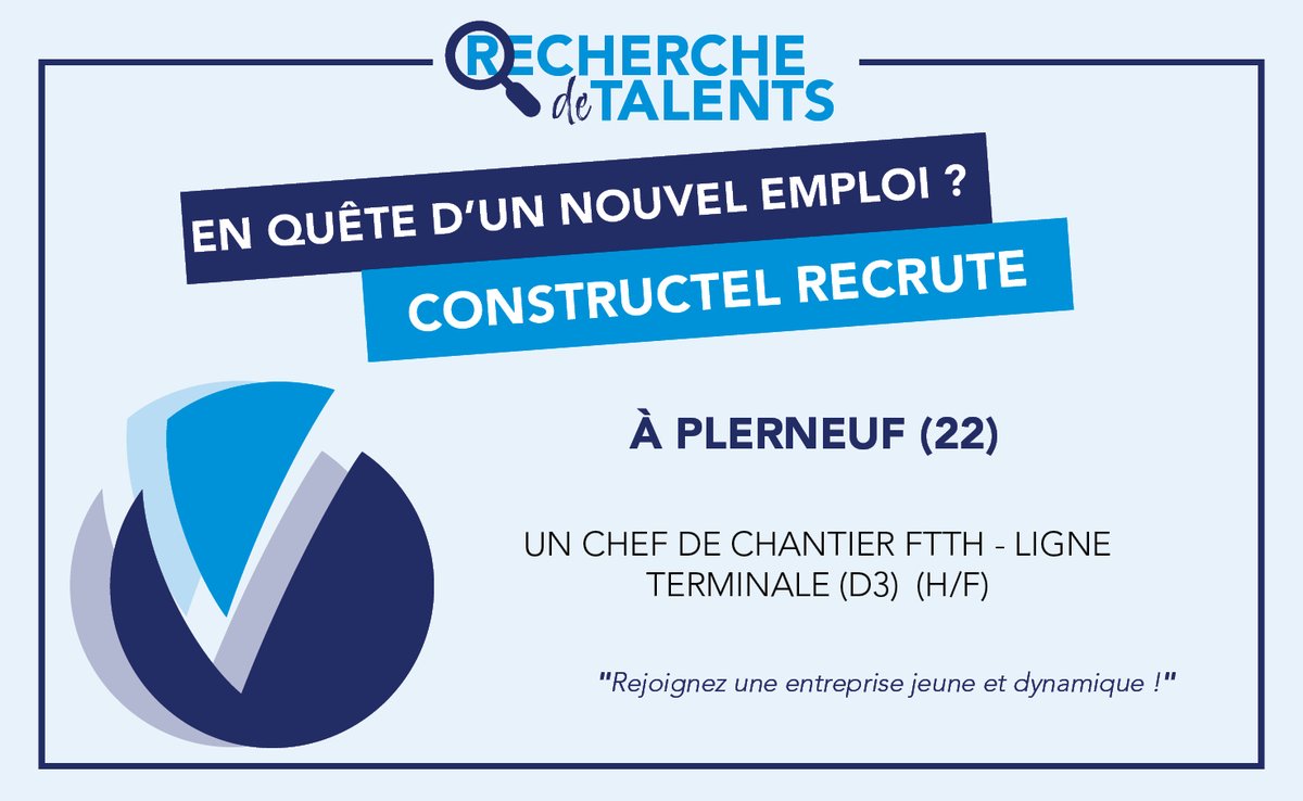 [#Recrutement] Au sein de l'activité FTTH, <a href="/ConstructelC/">Constructel</a> #recrute un Chef de Chantier D3 Ligne terminale à Plerneuf.
Pour postuler : constructel.human-sourcing.com/carrieres/offr…
#Job #emploi #telecoms #reseauxtélécoms #iciçarecrute #rejoigneznous #bretagne #chefdechantier #grupovisabeira