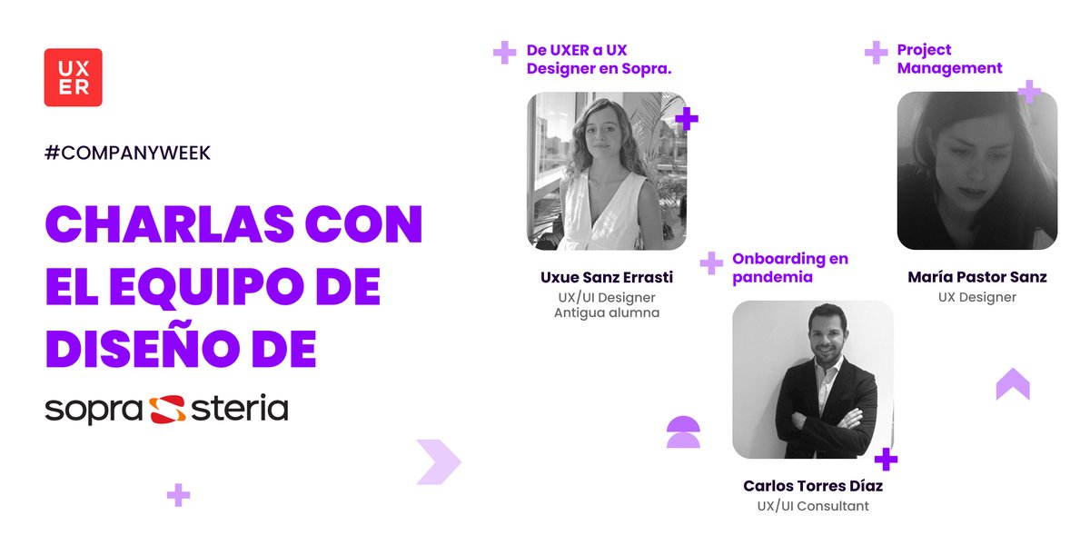 🤗 Continuamos con la #COMPANYWeek, y es que los #UXERS de las actuales ediciones tendrán una charla del equipo de diseño de @SopraSteria_ES Cómo es incorporarse al equipo de diseño, cómo se vive un onboarding en pandemia y cómo gestionar proyectos en cliente final. #UXUI