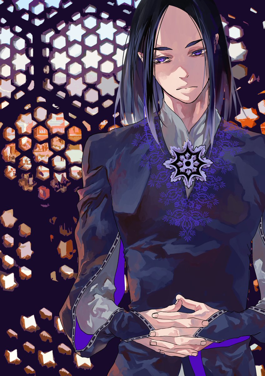 1boy male focus black hair solo stained glass long hair purple eyes  illustration images