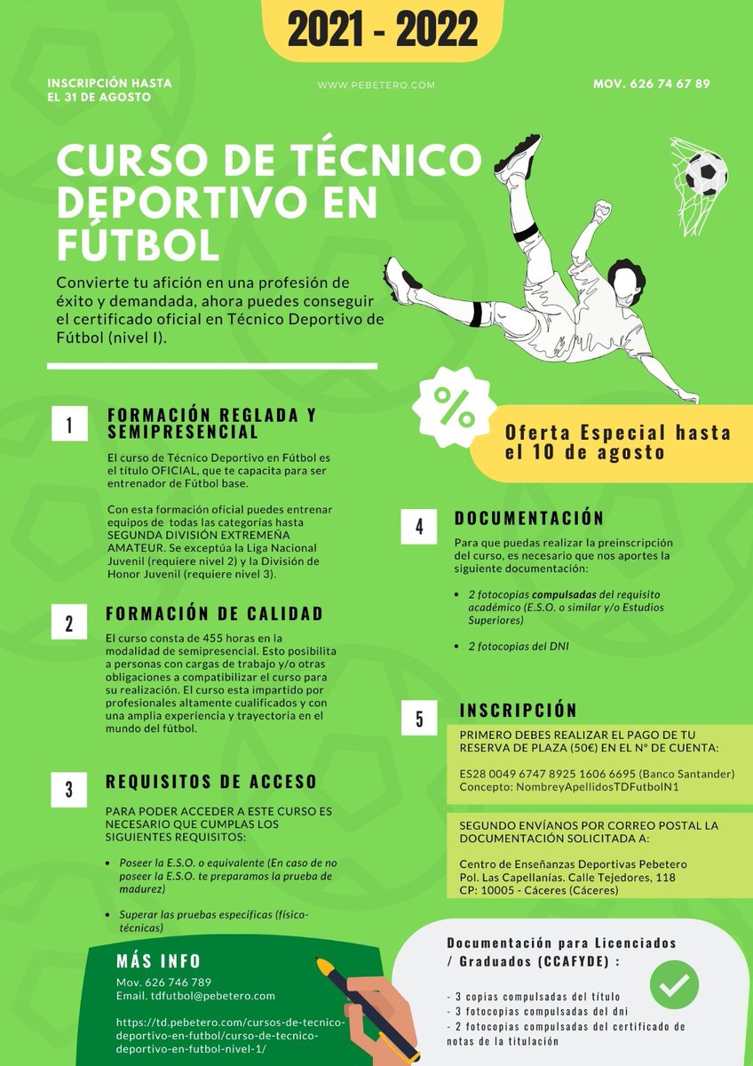 ⚽️Abierto el plazo de inscripción de los Cursos Oficiales de TD y TDS en Fútbol📢
Nivel 1: td.pebetero.com/cursos-de-tecn…
Nivel 2: td.pebetero.com/cursos-de-tecn…
Nivel 3: td.pebetero.com/cursos-de-tecn…
📞927245524 y 626746789
📝pebetero.com
💣Descuentos Especiales
👌+10 años de experiencia