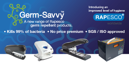 Addminwarehouse's tweet photo. Rapesco's new product range is to help improve hygiene wherever you are working. The Germ-Savvy antibacterial agent is added to the external plastic parts during manufacture and provides protection for the lifetime of the product. https://t.co/hgqLQzgrzo
