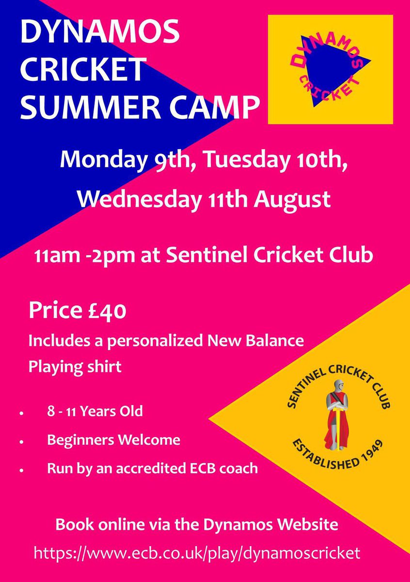 sentinel_cc's tweet photo. CRICKET SUMMER CAMPS!

For Dynamos summer camp the dates are 9th/10th/11th of August for more info please go to the link below: 

https://t.co/B9FBPPkAe1

We’re also doing a 2 day cricket camp on 12th/13th of August. To book please use email or contact number listed! https://t.co/yT0uFwBPzT