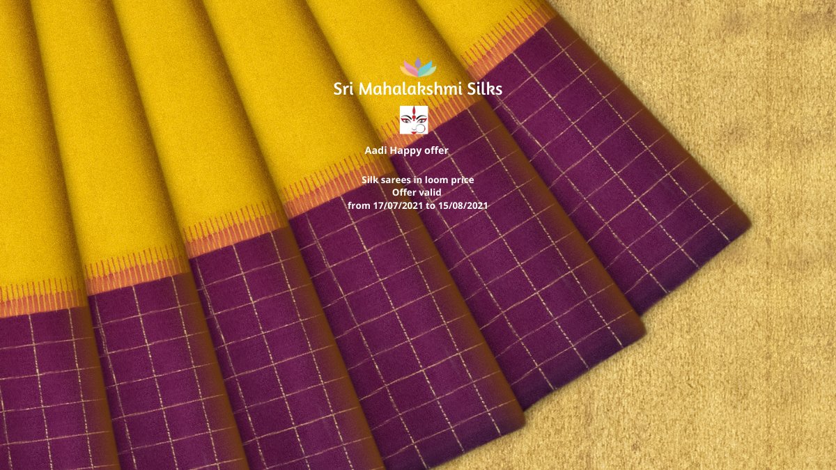 Aadi offer from #SriMahalakshmiSilks 
This Aadi we offer 10 to 30% offer on Silk sarees.
#silk #silksarees #silksaree #softsilk #kanchipattu #kanchisilk ##kanchipuramsilks ##kanchipuramsarees #kanchipuramhandloom