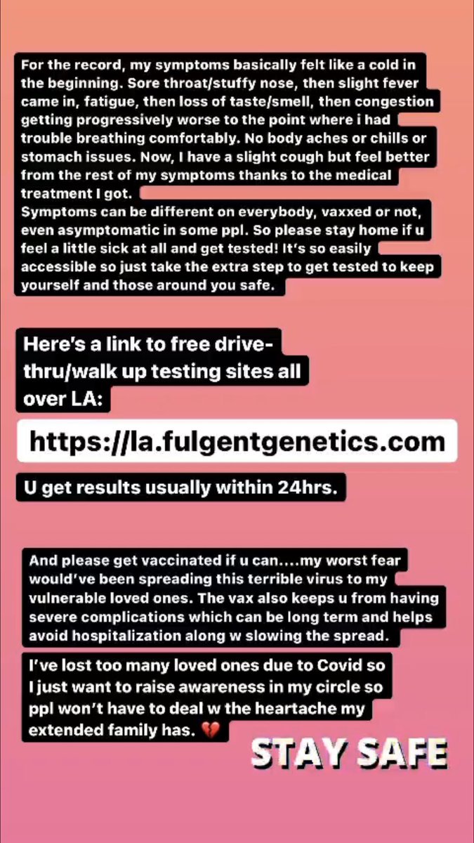 KilledBySynth's tweet photo. Just want to share my Covid experience as a fully vaxxed person so people can be a little safer &amp; help slow the spread of this virus. You are NOT in the clear if ur vaccinated. But It DEFINITELY helps! So please continue to mask up &amp; take precautions when mixing in spaces. ❤️✨ https://t.co/TvmF39T5zE
