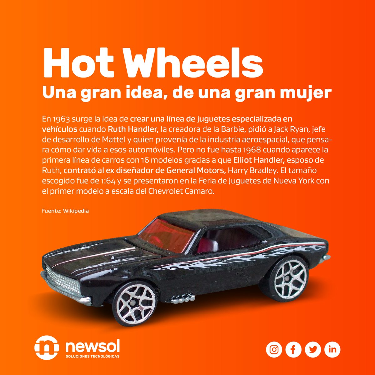 NewSolGroup's tweet photo. A veces las grandes creaciones surgen sin querer, y luego, se convierten en inventos asombrosos. Una gran mujer fue la impulsora de una idea, y luego, su esposo, la convirtió en una idea millonaria. #hotwheels #mattel #RuthHandler #ElliotHandler #anécdotas #marcas #brands https://t.co/a4SQxuFy7C