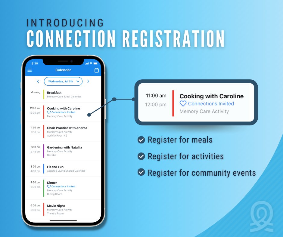 ourlifeloop's tweet image. With our new connection registration feature, family members will be able to see which activities, meals, or community events they can register for. This offers easy access for families and efficiencies for staff! #TechTuesday #SeniorLivingTech