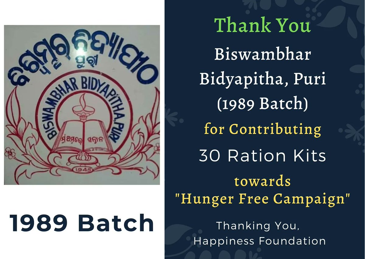 jointeamhf's tweet photo. We the team Happiness Foundation @jointeamhf wholeheartedly thank the Batch - 1989 of Biswambhar Bidyapitha, Puri for donating 30 ration kits from their Food Bank towards food distribution programme under the #HungerFreeCampaign. https://t.co/qgDo6ZYgb9
