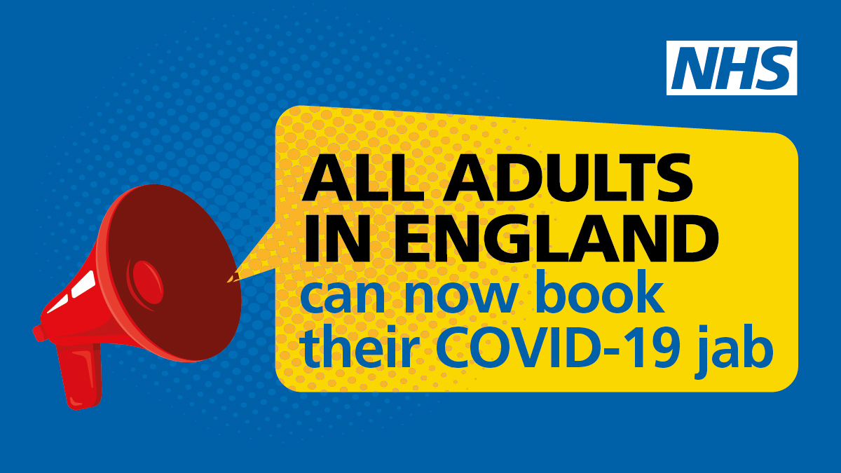 NHSEngland's tweet photo. All adults can now book a life-saving COVID-19 vaccine.

Join the millions who have already had theirs. Visit https://t.co/1e3nCAUFcB. https://t.co/EsFtdUghfM