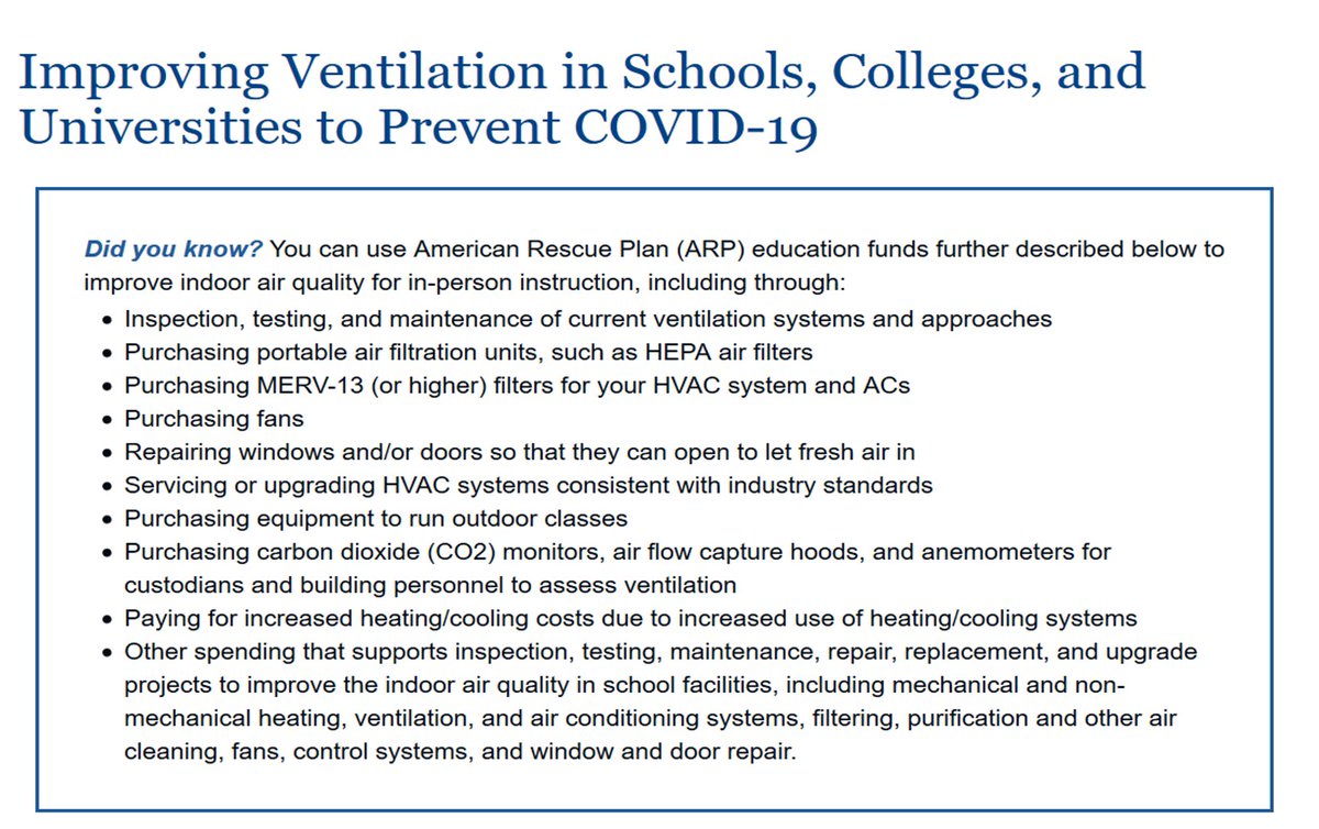 Great to see the Dept of Education alerting schools that they can use American Rescue Plan (ARP) education funds to improve indoor air quality.

They give 10 tips. In this thread, I'll expand on each one.

🧵