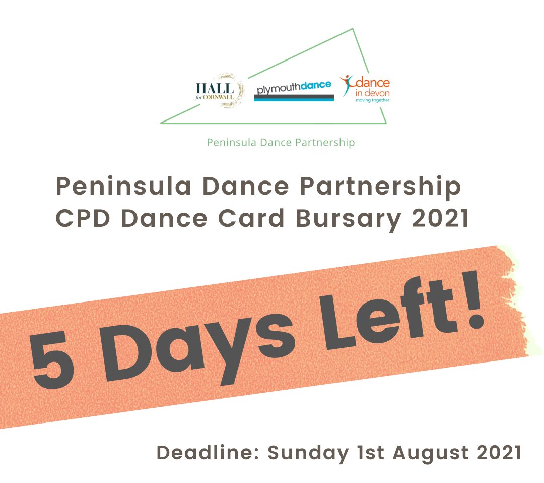 Apply now for our CPD Dance Card Bursaries (£250) for Dance Artists across Devon & Cornwall!

For more info and application click here: forms.gle/3RaXyUXPK4SLQg…
Deadline: 1st August

@HallforCornwall @plymouthdance @danceindevon
  #devon #cornwall #plymouth #artistsupport #dance
