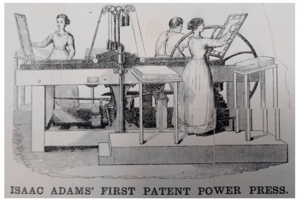 KLeuner's tweet image. Hawley says that women were most often depicted/associated with the Adams Power Press in paper handling -- placing paper and removing it. 
#MovingTexts2021 #SHARP2021
