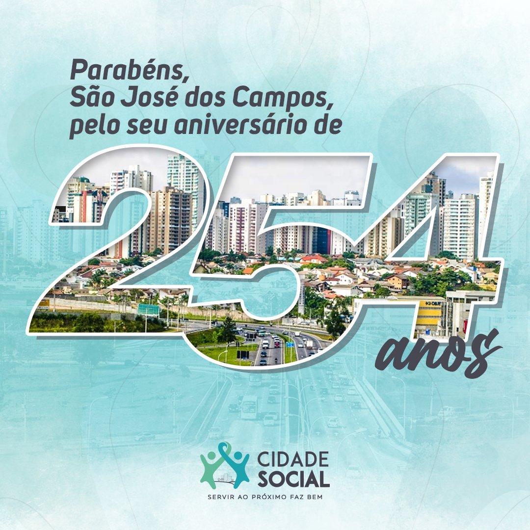 CidadeSocialSJC's tweet photo. Parabéns São José dos Campos pelos 254 anos e a todos que escolheram este cantinho para chamar de lar. No que depender de nós, da Cidade Social, continuaremos juntos nesta missão de construir uma cidade cada vez melhor! https://t.co/cMj4YtLmsq