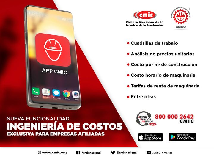 Afiliados_CMIC's tweet photo. Al descargar la AppCMIC podrás consultar el costo por m2 de construcción, informes de los incrementos en el precio de los insumos, salarios mínimos y más publicaciones emitidas por nuestro Centro Nacional de Ingeniería de Costos (CEICO).

Ingresa a: https://t.co/zmsT2xdSBX https://t.co/mg5SkT1bhq