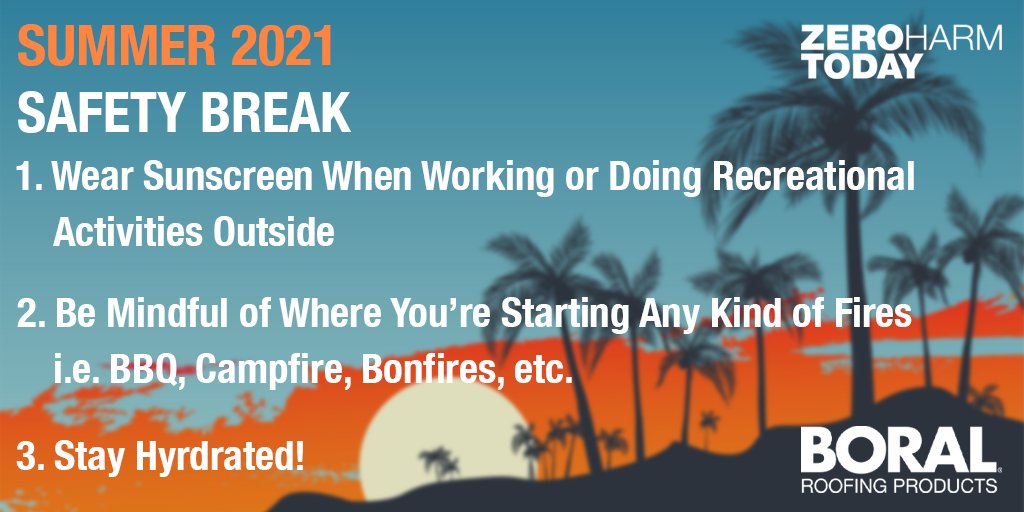 WRRS_Roofing's tweet photo. As temperatures continue to rise across the country and we start to resume our outdoor activities, we wanted to take a second for a #SafetyBreak and provide some simple reminders for #summer safety!
#BoralRoofing #Safety #TipTuesday #Hydrate #Fire #Sunscreen https://t.co/7Czf3ksT8Q