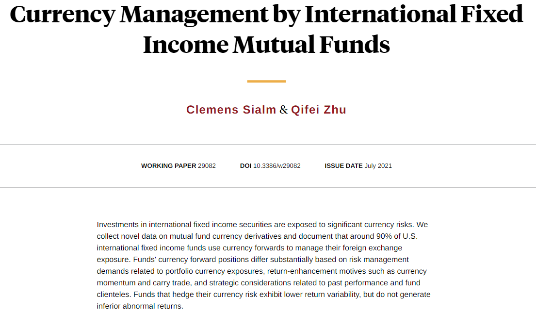 Fixed-income mutual funds take advantage of currency derivatives to manage risks, to enhance their returns, and to gain a competitive advantage, from <a href="/csialm/">Clemens Sialm</a> and <a href="/QifeiZhu/">Qifei Zhu</a> nber.org/papers/w29082