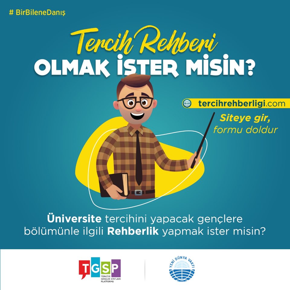 Genç Üniversiteli!
Bu yıl (5-13 Ağustos tarihleri arasında) üniversite tercihini yapacak gençlere bilgi ve tecrübenle yardımcı olmak ister misin? Cevabın evetse:
tercihrehberligi.com 'a bekliyoruz.