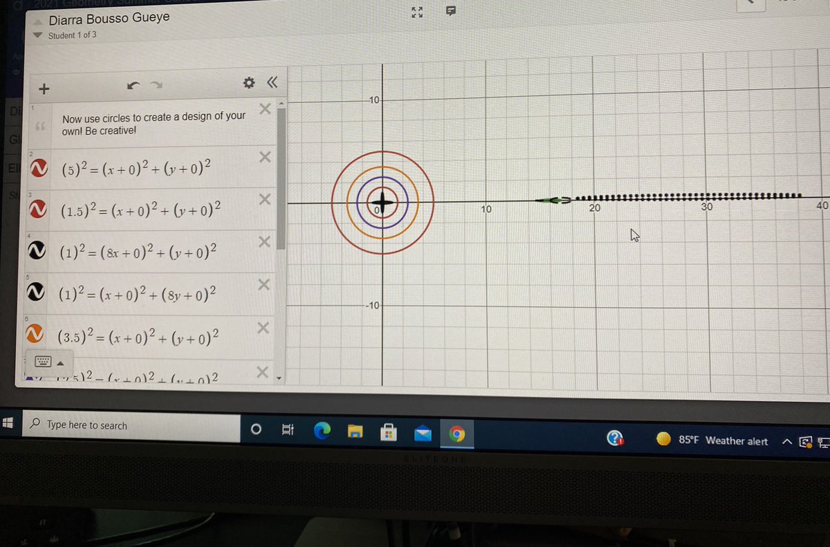 MsSimetry's tweet image. Students in summer school used Desmos to create images using what they know about circle equations. They created Elmo, a donut and a dart and dartboard #desmos #circles