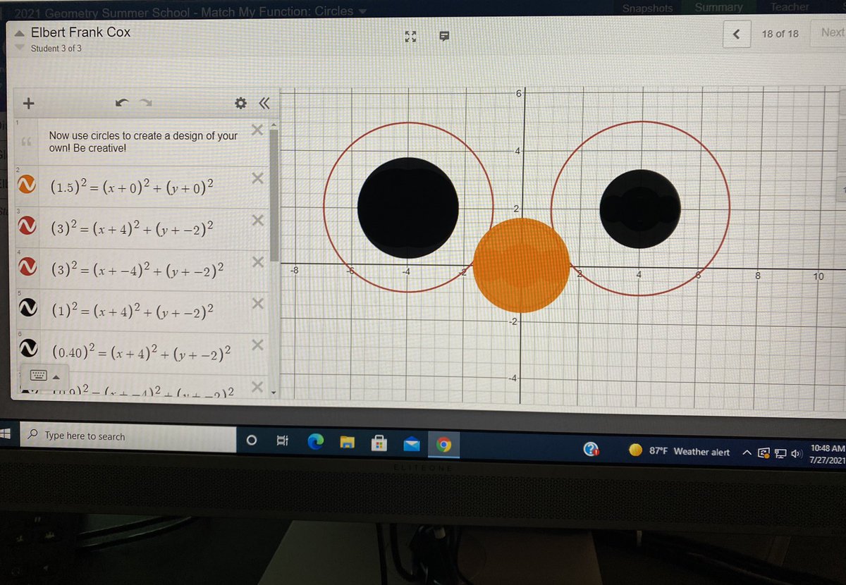 MsSimetry's tweet image. Students in summer school used Desmos to create images using what they know about circle equations. They created Elmo, a donut and a dart and dartboard #desmos #circles