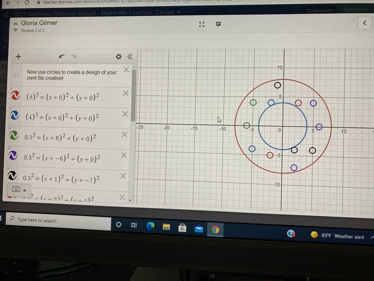 MsSimetry's tweet image. Students in summer school used Desmos to create images using what they know about circle equations. They created Elmo, a donut and a dart and dartboard #desmos #circles