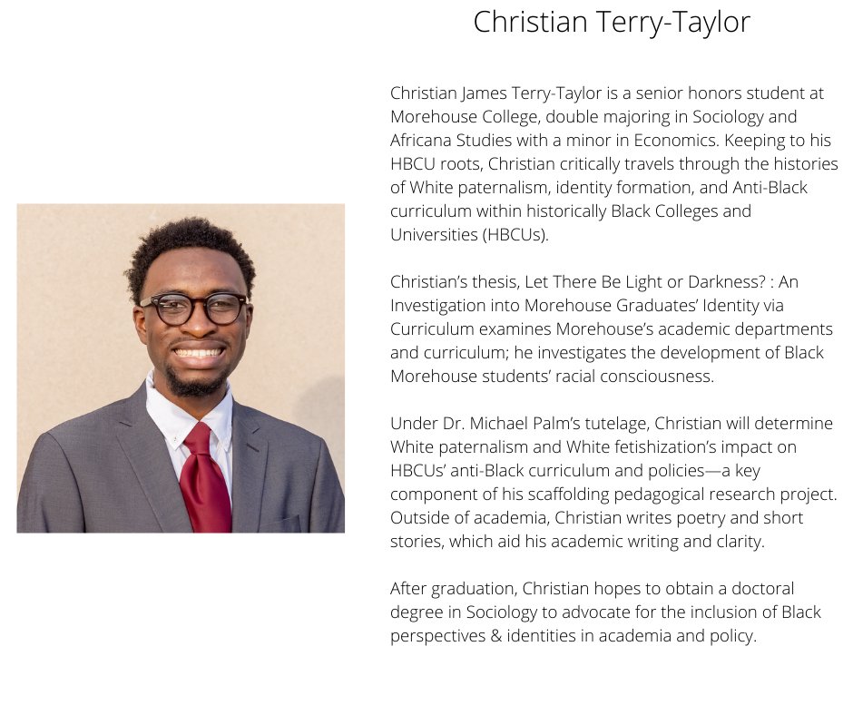 murap_iaar's tweet image. We are excited to chat with Christian Terry-Taylor (@_TheBlackEffect) @ 11AM EST about his project “Black Agency or White Supremacy? A Sociohistorical Analysis of White Paternalism’s Effect on Historically Black College and Universities’ Curriculum and Policy.” #justtransform